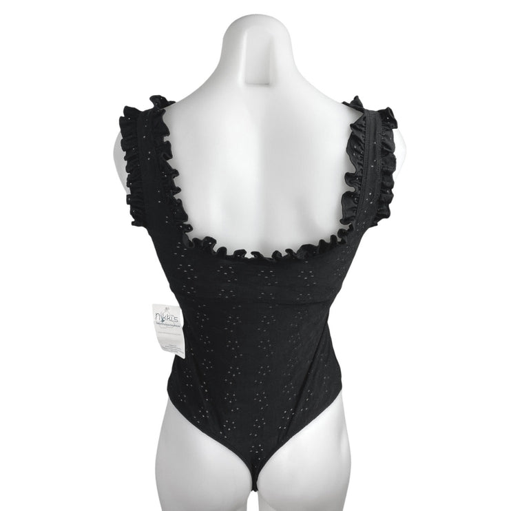 NEW NBH Nikkis Beach House Bye Baby Black Ruffle Sleeveless Bodysuit Tank Top S