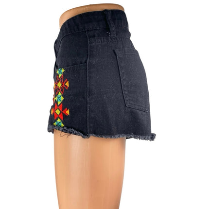 Hayden Black Aztec Embroidered Mid Rise Frayed Cut Off Denim Jean Shorts Size S