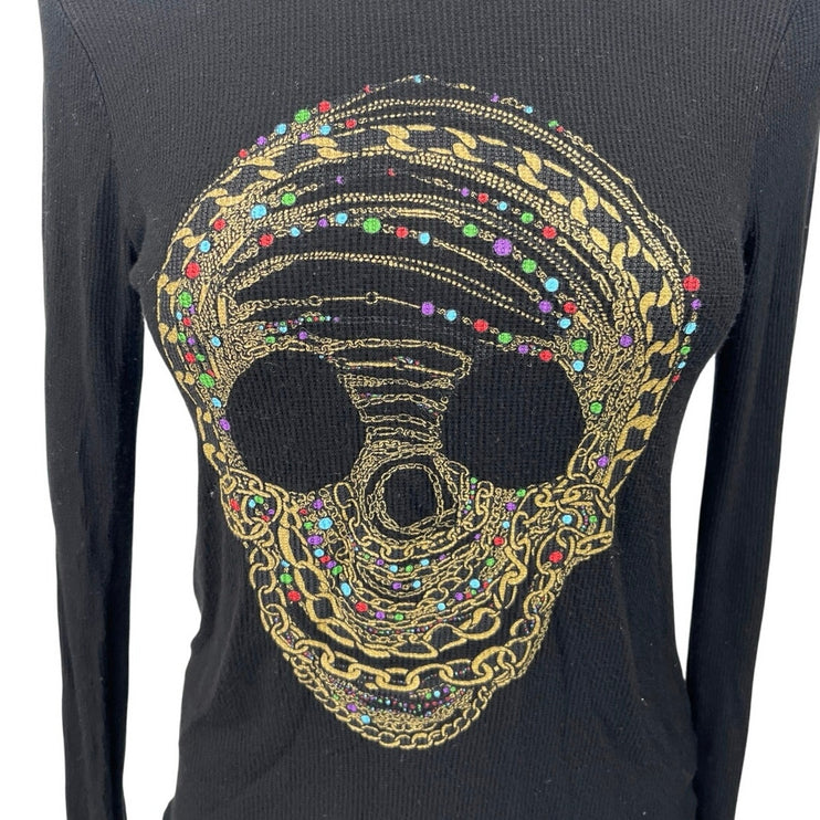 Lauren Moshi Women's Black Skull Print Knit Long Sleeve Crewneck Top Size 30