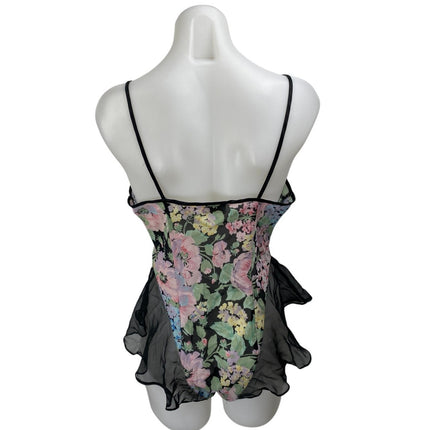 VTG Victoria's Secret Multicolor Floral Mesh Ruffle Lingerie Teddy Bodysuit Sz S