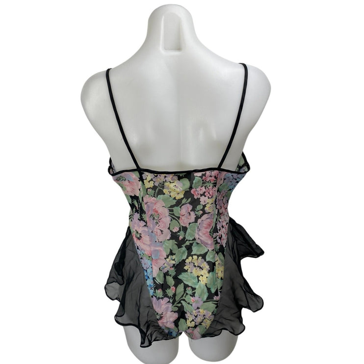 VTG Victoria's Secret Multicolor Floral Mesh Ruffle Lingerie Teddy Bodysuit Sz S