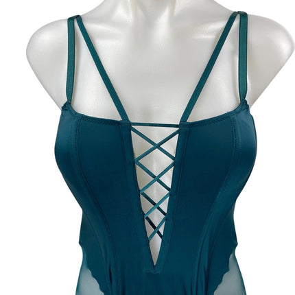 Victoria's Secret Green Crisscross Corset Mesh Lingerie Teddy Bodysuit Size M