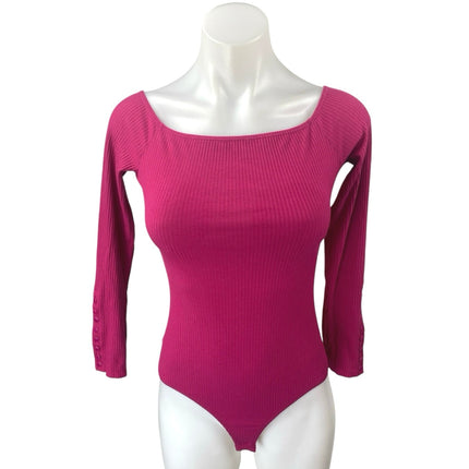 Sezane Women's Pink Long Sleeve Square Ribbed Knit One Piece Bodysuit Top Size S