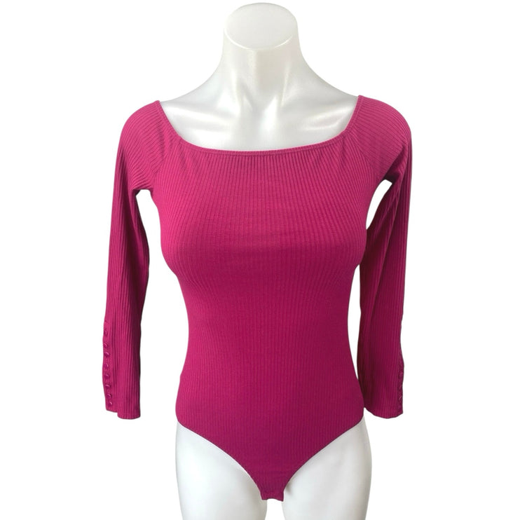 Sezane Women's Pink Long Sleeve Square Ribbed Knit One Piece Bodysuit Top Size S