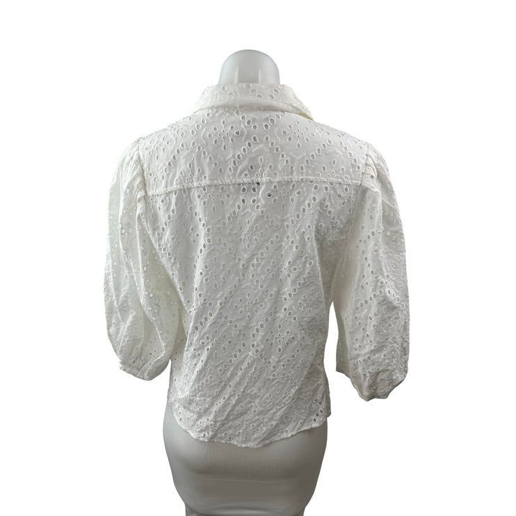 NEW Zara Women's White Embroidered Eyelet Argyle Button Down Shirt Top Size L