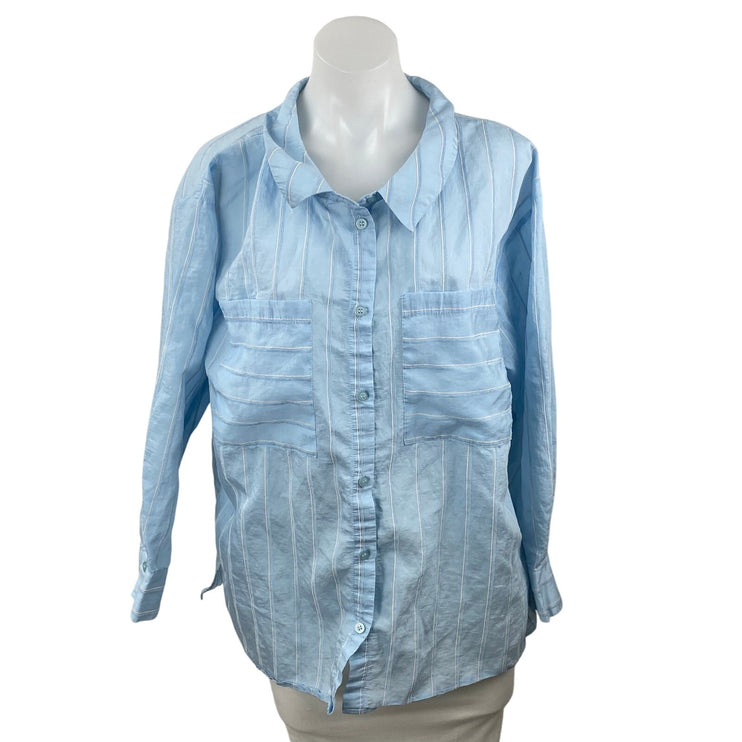 Zara Women's Blue Striped Collared Long Sleeve Button Down Shirt Blouse Top Sz M