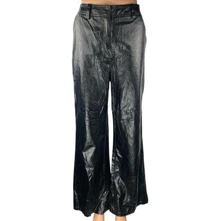 En Saison Women's Black Faux Vegan Leather High Waist Wide Leg Trousers Pants L