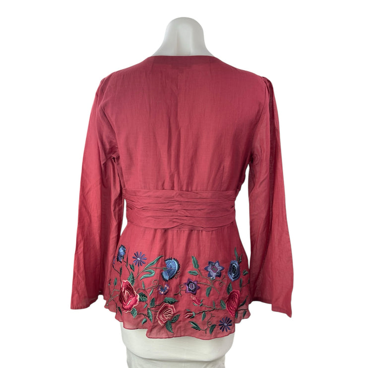 Tibi Women's Pink Silk Floral Embroidered Long Sleeve Peplum Blouse Top Size L