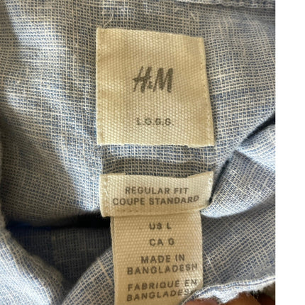 H&M Men's Light Blue Linen Collared Short Sleeve Casual Button Down Shirt Top L