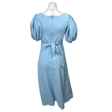 Kara Thoms Blue Textured Square Neck Short Puff Sleeve Midi A-Line Dress Size XS