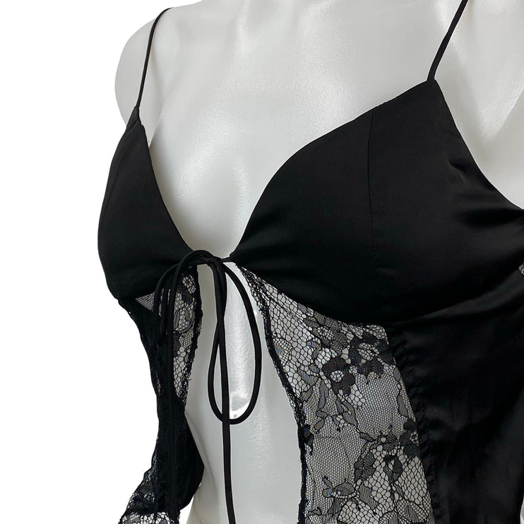 Guizio Lace Tie Womens Black Satin Floral Sheer Mesh Sleeveless Cami Tank Top XS