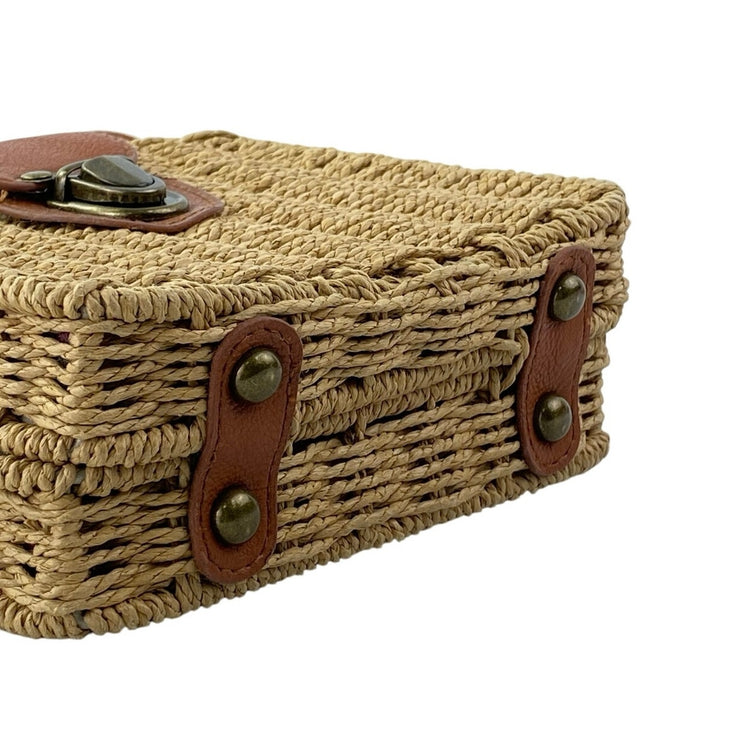 Hoxis Tan Floral Lined Straw Woven Rattan Square Crossbody Boho Bag Handbag OS