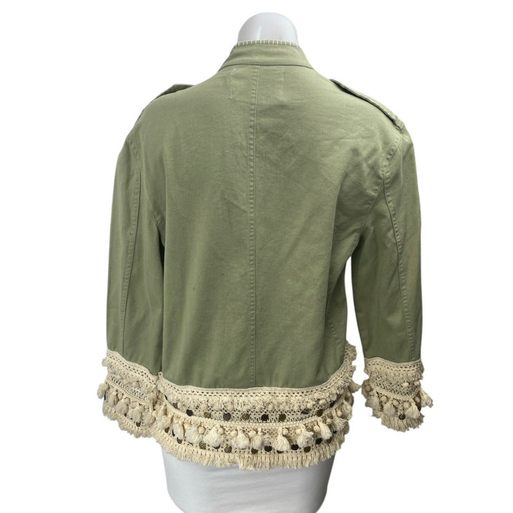 Zara Green Crochet Fringe Trim Button Front Pockets Long Sleeve Jacket Size XS