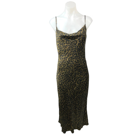 Zara Tan Black Silk Satin Leopard Cowl Neck Cami Slip Midi Dress Size XS