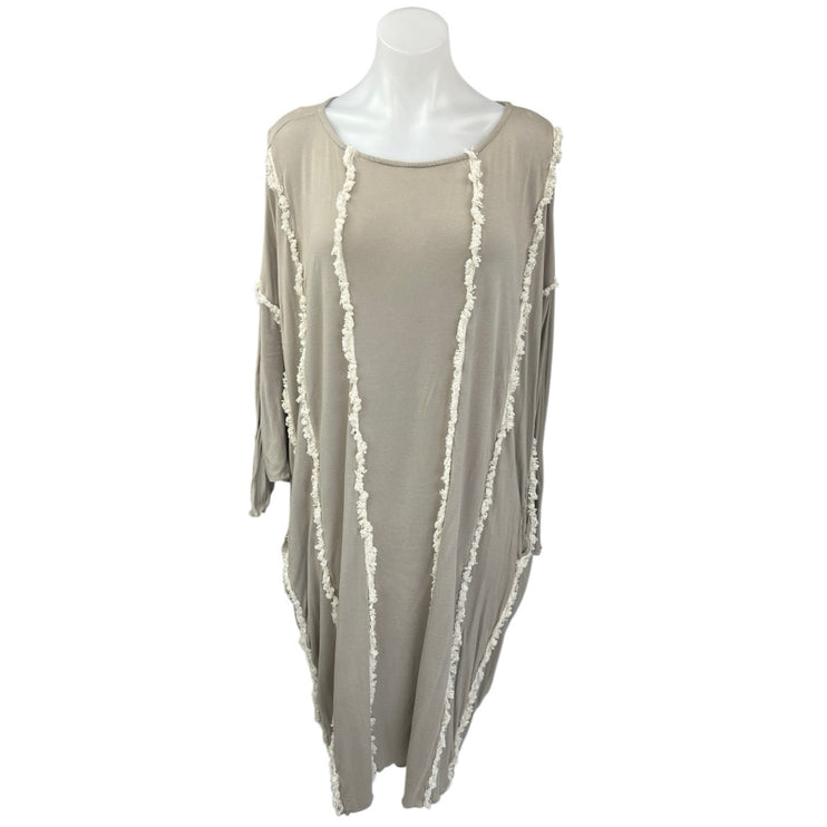 ZhenNymph Gray Batwing Dolman Sleeve Fringe Lagenlook Maxi Midi Kaftan Dress L