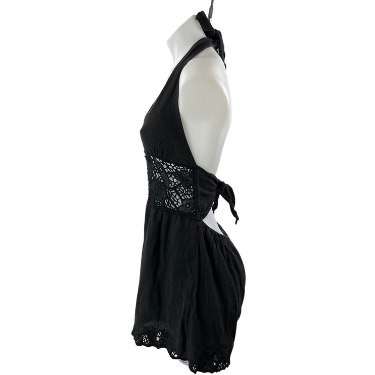 Free People Women's Black Halter Backless Lace Floral Romper Shorts Size XS