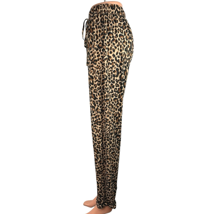 Ekouaer Brown Animal Leopard Print Tapered Elastic Waist Crop Ankle Pants Size S