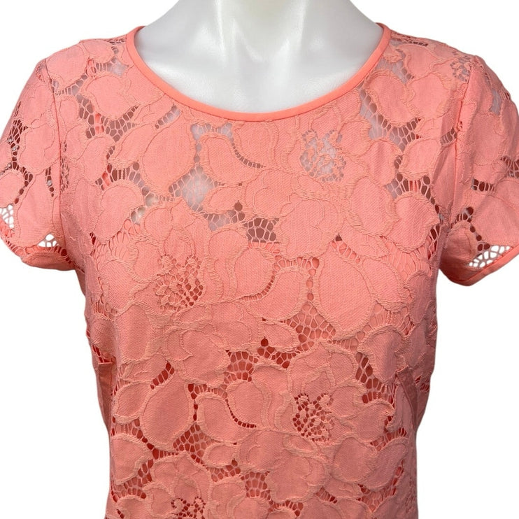 Ann Taylor LOFT Orange Coral Floral Overlay Lace Short Sleeve Mini Shift Dress 4