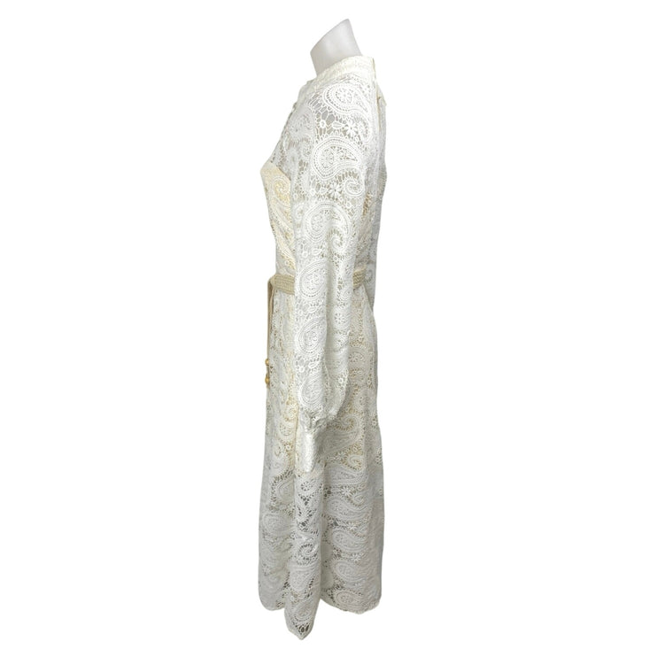 NEW L'atiste White Paisley Lace Long Sleeve Belted Midi A-Line Shirt Dress Sz M