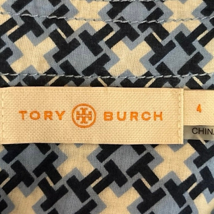 Tory Burch Blue White Printed Cross Pocket Casual Button Down Shirt Top Size 4