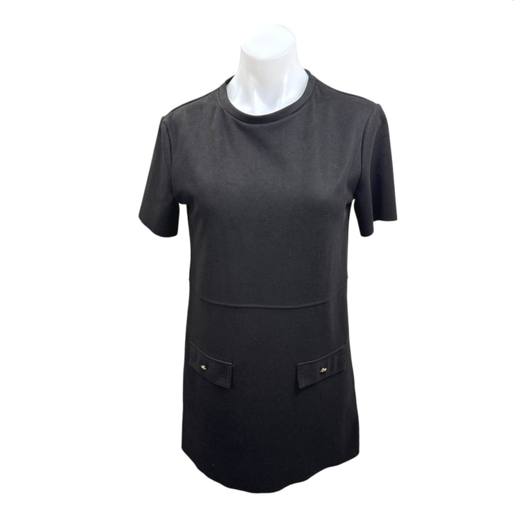 Zara Black Short Sleeve Crew Neck T Shirt Tee Shift Faux Pocket Mini Dress Sz S