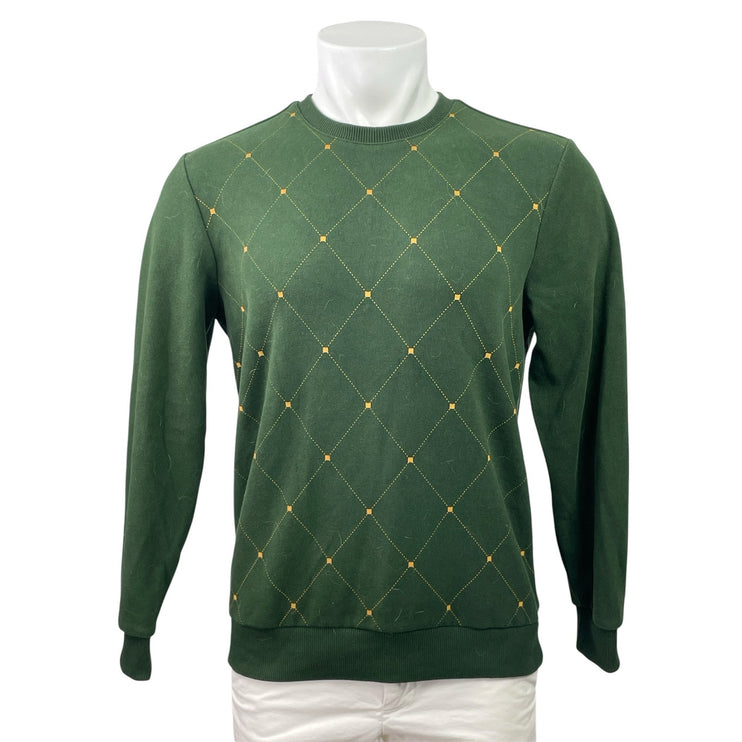 Rugatchi Mens Green Doamind Checkered Print Long Sleeve Pullover Sweater Top M
