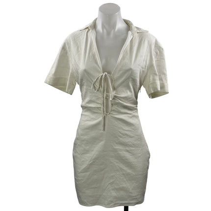 Zara Ivory White Stretch Linen Short Sleeves Tie Front Mini Bodycon Dress Size S