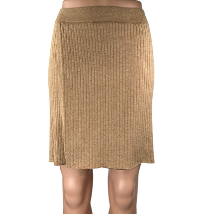 Free People Tan Rib Knit Stretch Knee Length Pencil Wrap Sweater Skirt Size M