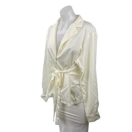 Commense Women's White Satin Long Sleeve Tie Front Shirt Tunic Wrap Blouse Top S