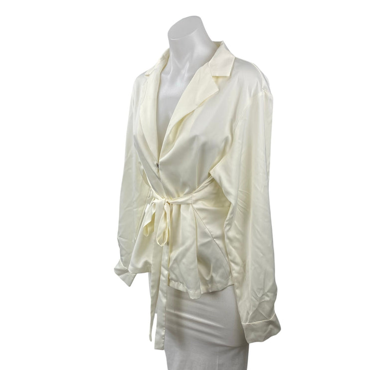 Commense Women's White Satin Long Sleeve Tie Front Shirt Tunic Wrap Blouse Top S
