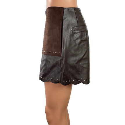 NEW Anthropologie Brown High Rise Faux Leather Vegan Studded Mini Shorts Size 6