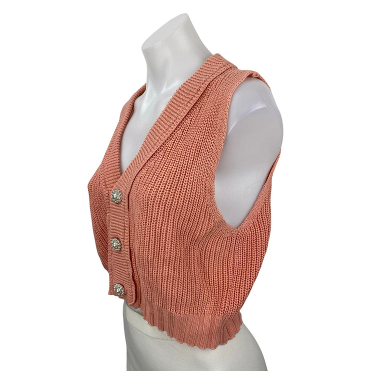 Double Zero Coral Ribbed Knit Sleeveless Button Up Vest Cardigan Sweater Top S