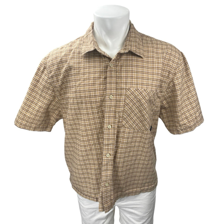 Zara Men's Multicolor Tan Plaid Short Sleeve Button Down Pocket Shirt Top L-XL