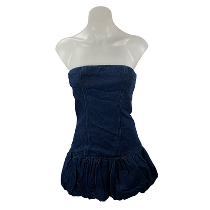 NEW PrettyLittleThing Blue Strapless Tube Bandeau Ruffle Mini Denim Jean Dress 2