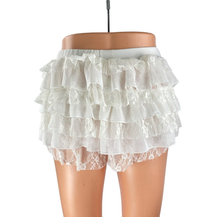Women's White Lace Tulle Mesh Ruffle Bow Elastic Waist Micro Mini Skort Shorts S