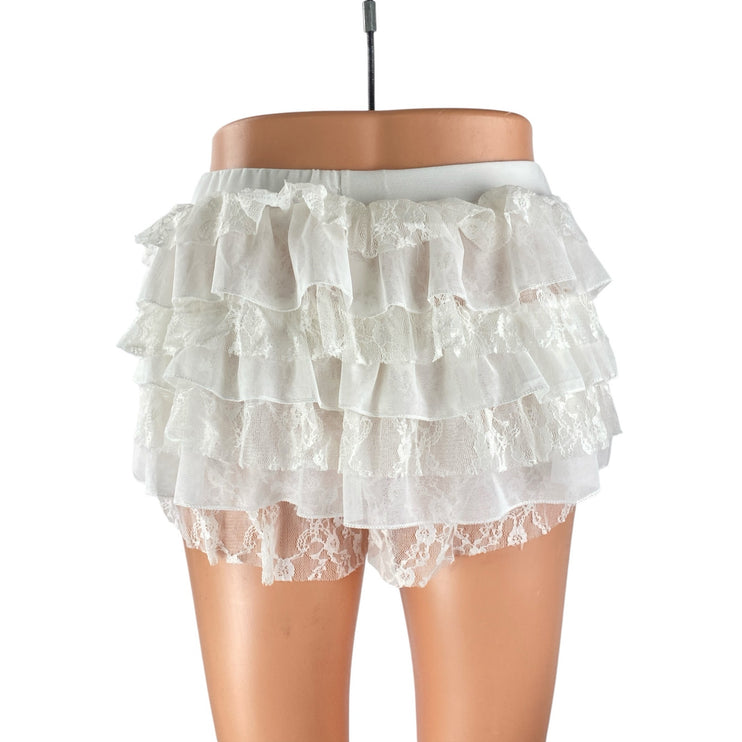 Women's White Lace Tulle Mesh Ruffle Bow Elastic Waist Micro Mini Skort Shorts S