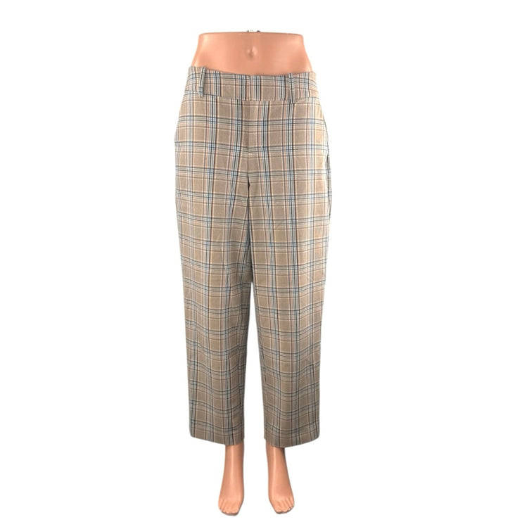 A New Day Women Tan Plaid Tartan Wide Leg Straight Cropped Trousers Pants Size 4