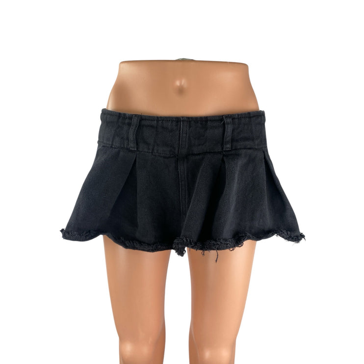 Edikted Black Denim Pleated Raw Frayed Hem Micro Mini Flare A-Line Skirt Size M