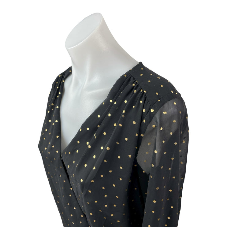All in Favor Black Metallic Dot Sheer Mesh Long Sleeve Wrap Bodysuit Top Size S