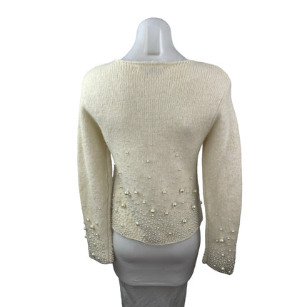 Zara Cream Beige Pearl Wool Beaded Long Sleeve Knit Crewneck Sweater Top Size S