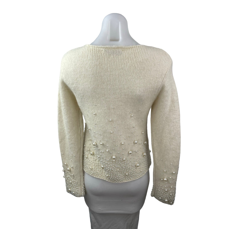 Zara Cream Beige Pearl Wool Beaded Long Sleeve Knit Crewneck Sweater Top Size S