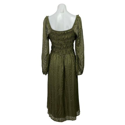 Skies Are Blue Green Mesh Long Sleeve Smocked Midi Maxi A-Line Flared Dress Sz M