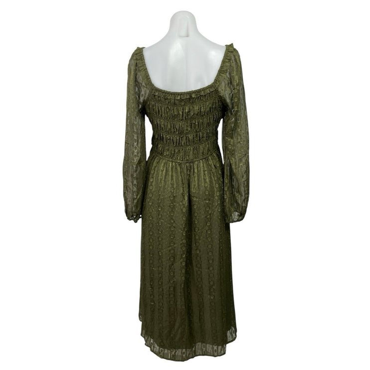Skies Are Blue Green Mesh Long Sleeve Smocked Midi Maxi A-Line Flared Dress Sz M