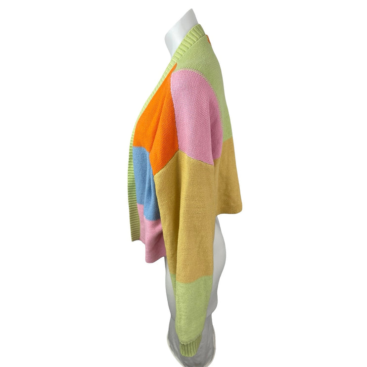 LA Hearts Women's Color Block Chunky Knit Balloon Sleeve Cardigan Sweater Top L