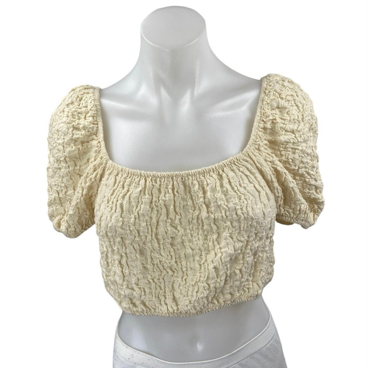 Zara Yellow Short Puff Sleeve Scoop Neck Textured Stretch Blouse Crop Top Size M