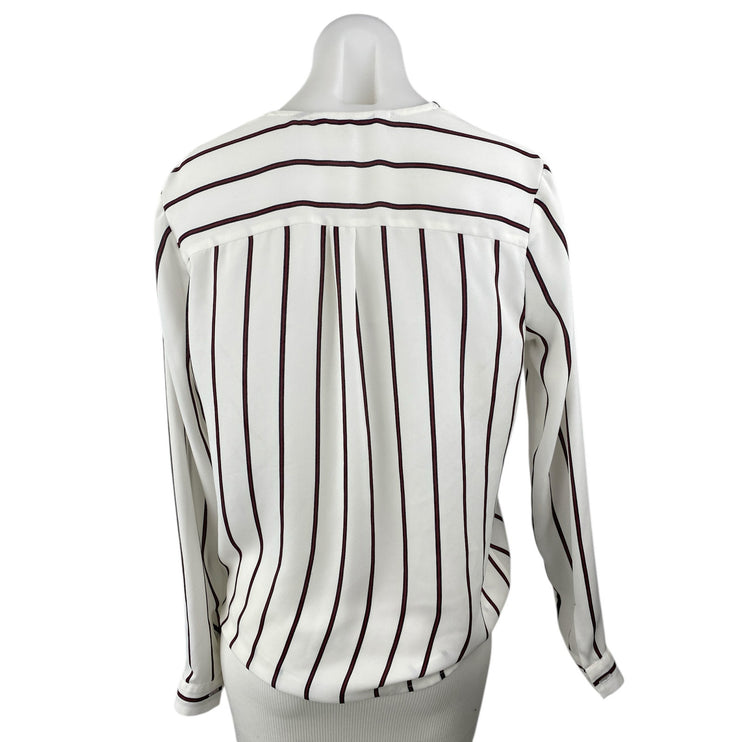 BB Dakota Women's White Black Stripes V Neck Long Sleeve Wrap Tie Blouse Top S