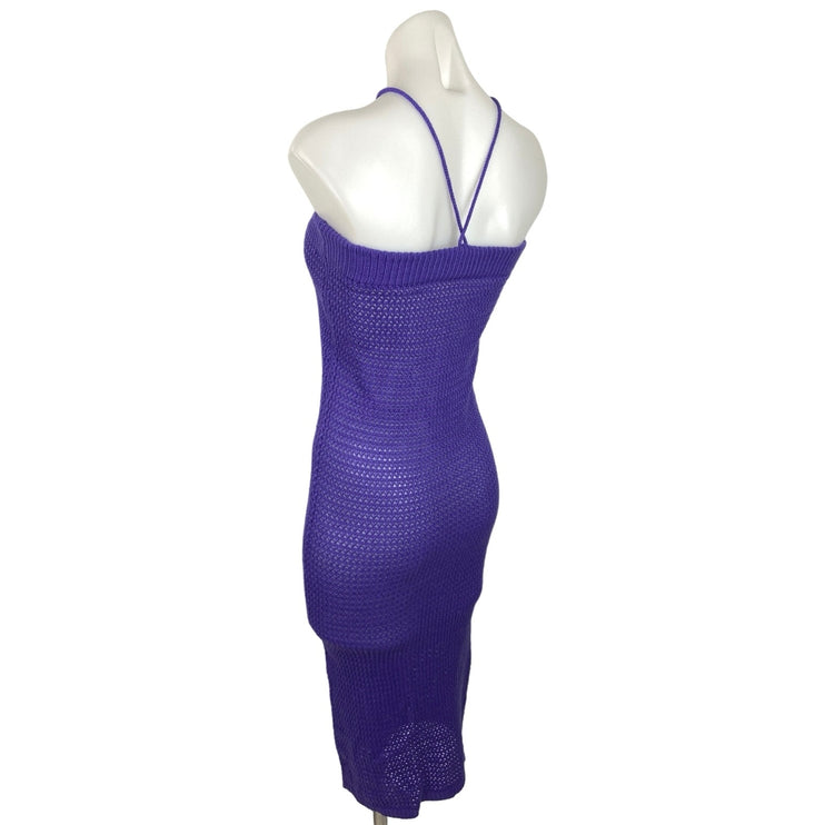 Womens Purple Open Knit Crochet See Through Halter Bodycon Summer Dress Size M