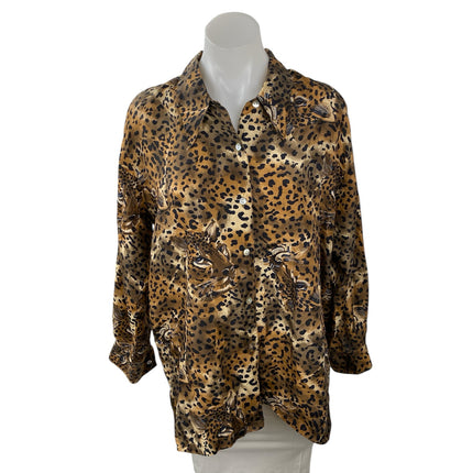Vintage Lady Bear 100% Silk Animal Print Long Sleeve Button Down Shirt Top Sz M