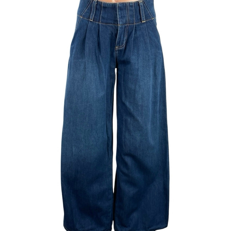 Alice + Olivia Blue Pleated Palazzo Baggy Wide Leg High Rise Denim Jeans Sz 24