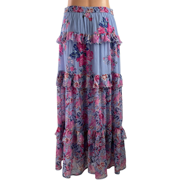 House of Harlow 1960 Purple Pink Floral Ruffle Tiered Maxi A-line Skirt Size S
